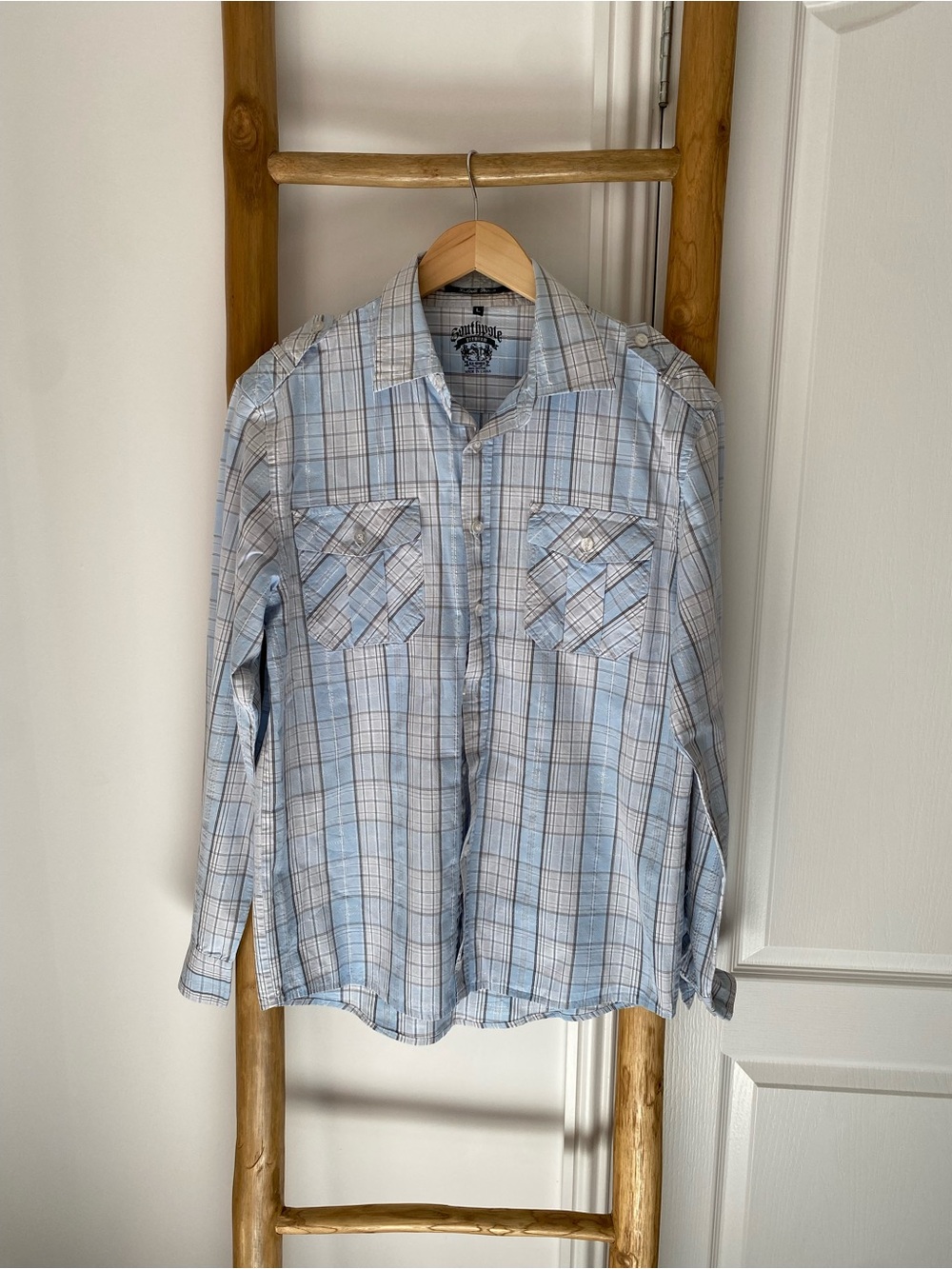 Southpole Button Up Shirt Menโs Large Long Sleeve Light Blue Plaid Hip Hop 90s